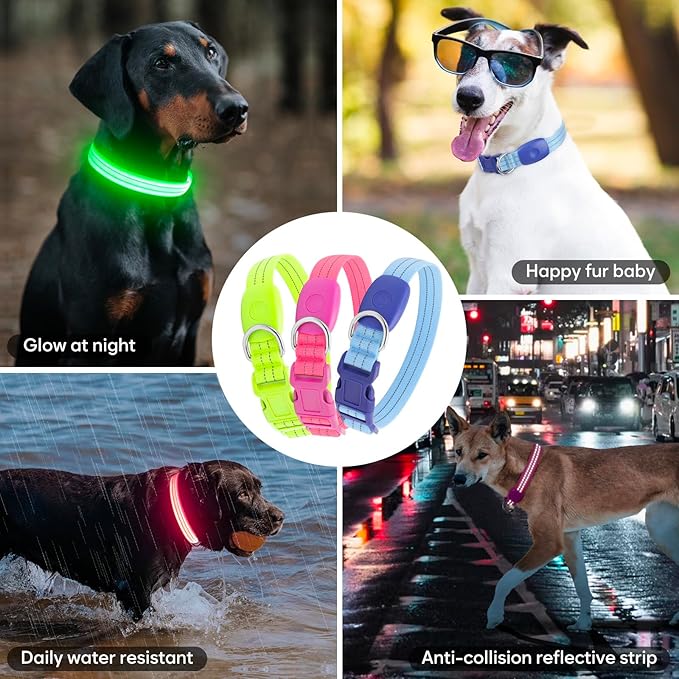 LED Lighted Reflective Dog Collar for Night Safety, USB Rechargeable, Glow Collar for Dogs, Waterproof Adjustable Flashing (Green, Large)