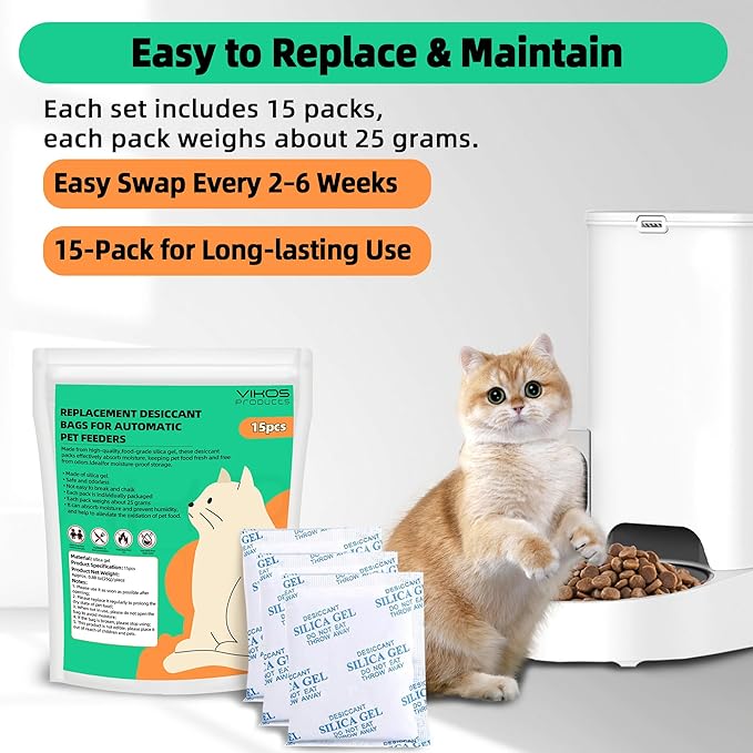 15-Pack Replacement Desiccant Bags Compatible with Pet-Kit & Other Smart Pet Feeders, High Absorbency Food Grade Moisture Absorber for Pet Foods, Keep Food Dry & Fresh