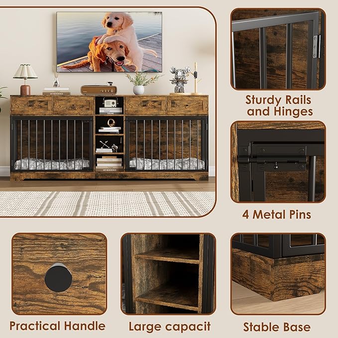 IDEALHOUSE 82" Large Dog Crate for 2 Dogs, Dog Kennel Indoor with 4 Drawers and Shelves, Double Dog Crate Furniture TV Stand, Wooden Dog Cage for Medium Large Dogs, Brown
