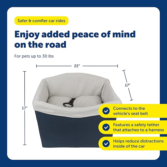 PetSafe Happy Ride Dog Safety Seat - Protects Car Seats from Hair & Scratches - Elevated Design for Better View - Machine Washable Fleece Liner - for Dogs Up to 30 lb - Navy
