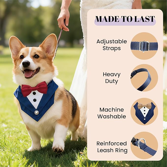 AVERYDAY Dog Tuxedo Wedding Outfit Bandana Collar with Bow Tie, Dog Tux Costume Suit with Bowtie for Small Medium Large Dogs & Cats, Pet Tuxedo Formal Wear for Engagement Birthday, Holiday, Christmas