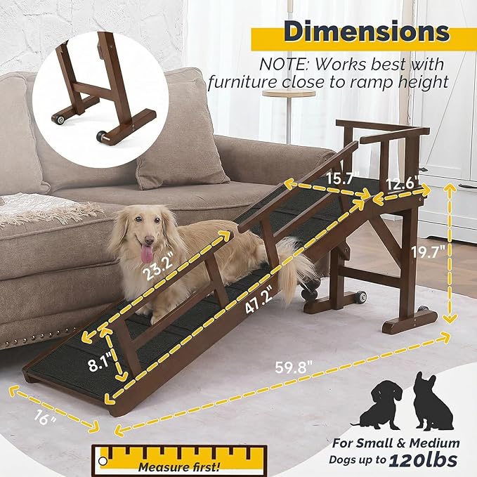 Dog Ramp for Bed or Couch, Wooden Pet Ramp with 20° Gentle Slope, Removable Side Rails, Non-Slip Surface, Top Platform & Wheels, Safe Bed Ramp for Small, Medium & Senior Dogs, 60" Long, Walnut