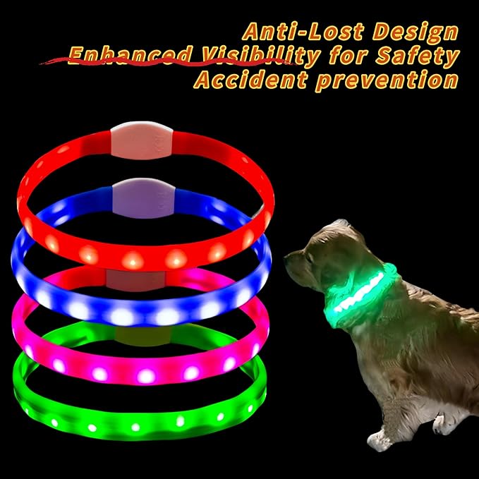 Rechargeable LED Dog Collar with Soft Silicone,Adjustable Glowing Safety Collar for Night Walks,3 Lighting Modes (Fast/Slow Flash/Steady),4 Colors (Red/Blue/Pink/Green),Fits Multiple Dog Sizes (Blue)