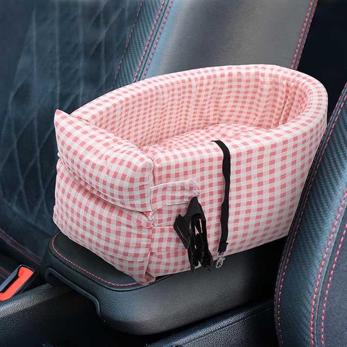 X AUTOHAUX Plaid Style Dog Car Seat Adjustable Straps for Medium Small Sized Puppy Cat Seat Pets Soft Non Slip Bottom Travel Bed Pink White
