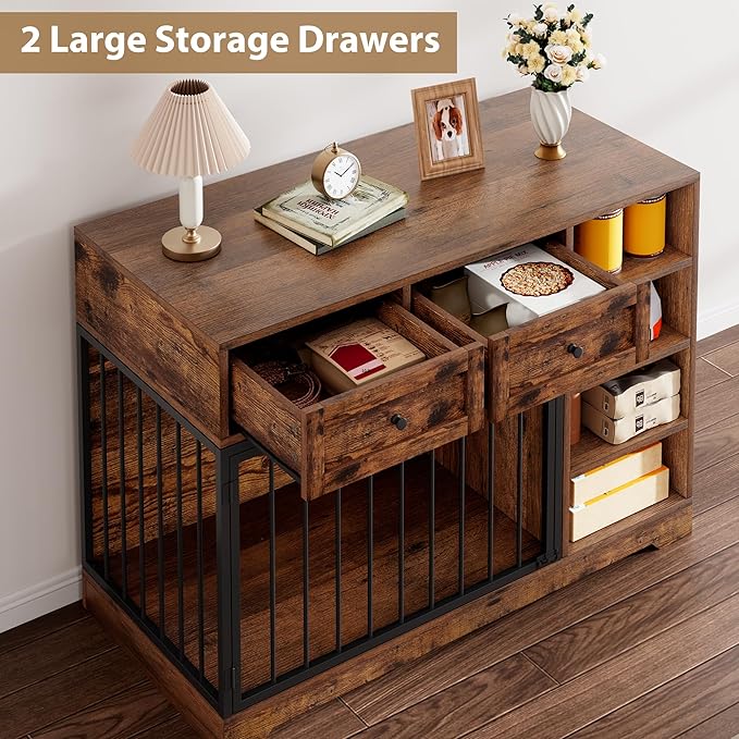 Dog Crate Furniture 47", Large Dog Crate TV Stand with 2 Drawers and 4 Shelves, Wooden Dog Kennel Indoor, Decorative Dog Cage with Storage for Large Dogs, Brown