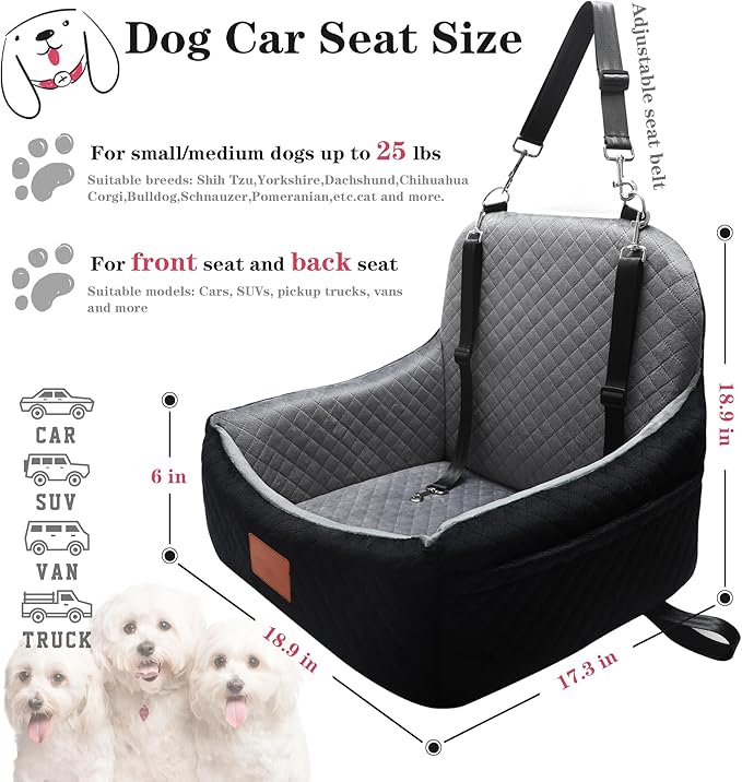 Dog Car Seat for Small/Medium-Sized Under 30 Pounds, Pet Car Seat Travel Bed with 2 Seat Belts and Headrest Seat Belts, Detachable Washable Covers and Side Storage Bags(Black/Grey)