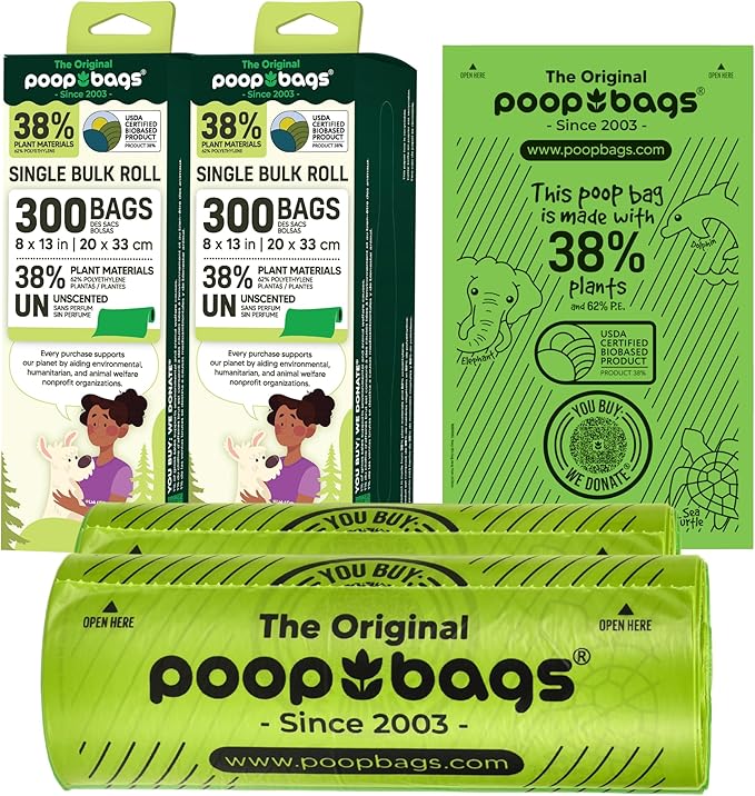 The Original Poop Bags® USDA Certified 38% Plant-Based Doggy Poop Bags Refills - Unscented, Leak-Proof & Strong, Single Bulk Roll, 600 Count