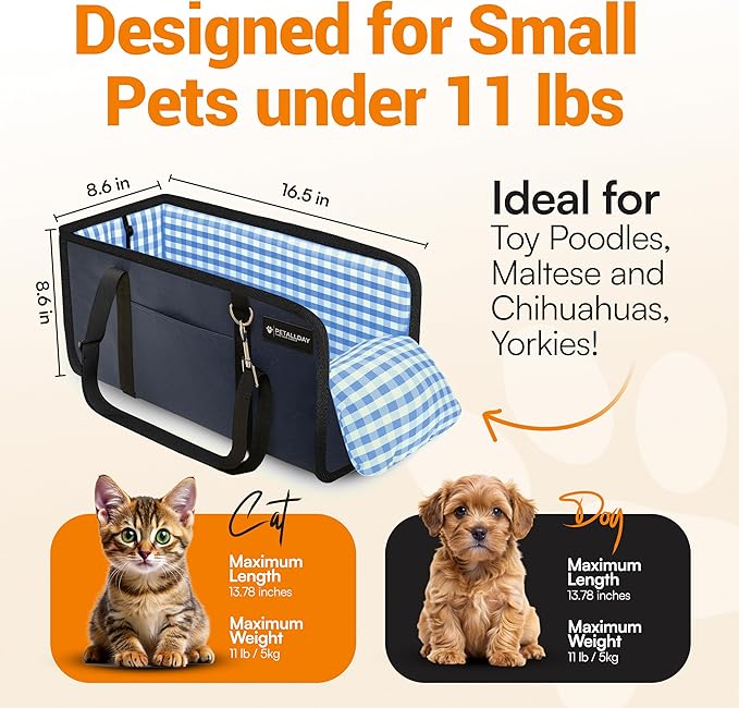 Center Console Dog Car Seat for Small Dogs Cats (Under 11 lbs) - Dog Booster Seat with Built-in Leash