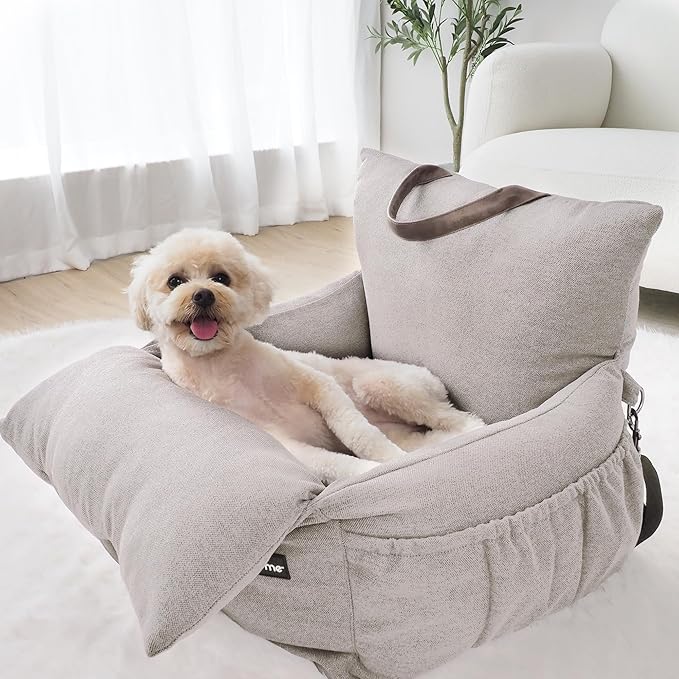 FurMe Classic Pet Car Seat & Travel Bed - Foldable Dog Car Seat, Dog Bed with Top Holders, Pockets & Washable Cover, Travel Pet Carriers - Oatmeal