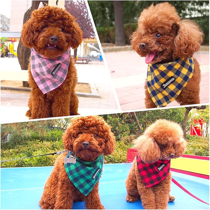 Adjustable Plaid Dog Bandanas,1PC Soft Washable Cotton Triangle Bib Kerchief Scarfs for Small Medium Large Dogs and Cats (Square Yellow, Small)