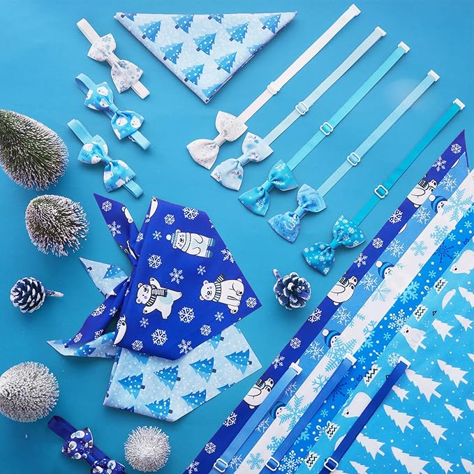 Sanwuta 100 Pcs Winter Dog Bandanas Bulk and Collar Bow Ties Set 50 Snowflake Cats Bandanas for Dogs 50 Winter Charm Doggie Collar Pet Triangle Scarf Bowtie for Small Medium Large Pets Costume