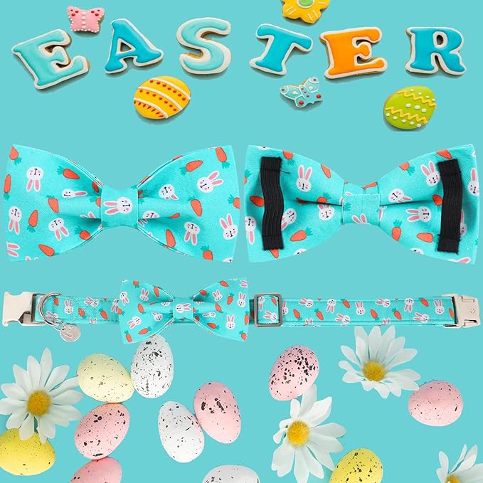 Easter Dog Collar with Bow Tie, Cotton Easter Bowtie Collar for Small Girl Boy Dog, Cute Carrot Pet Collar with Metal Buckle, Easter Gift Rabbit Dog Collar, S