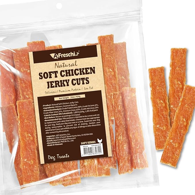 Afreschi Soft Chicken Dog Treats, All Natural, High-Protein, Healthy & Easily Digestible, Grain-Free Puppy Chews, Human Grade Training & Rewards Dog Snacks, Jerky Cuts, 16 oz Pack