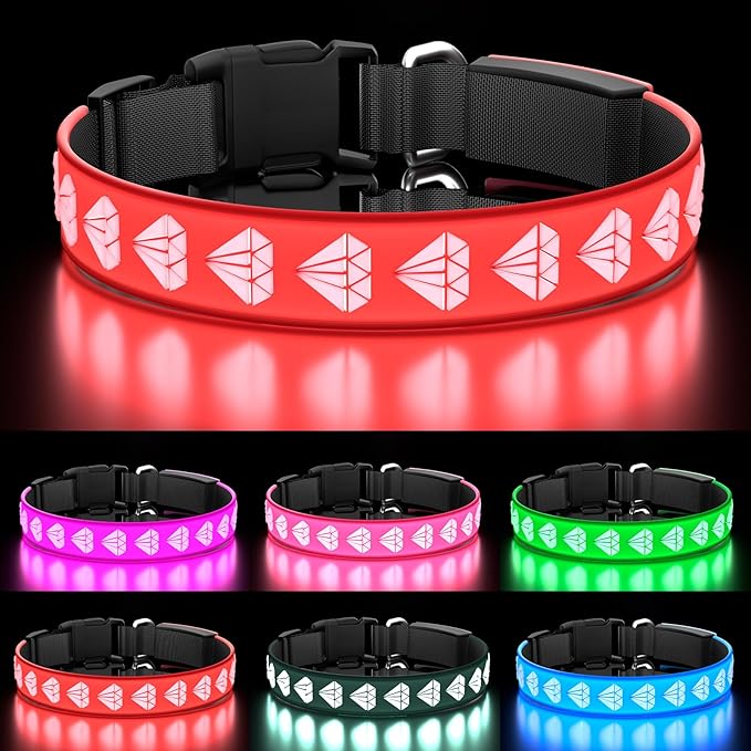 Lighted Dog Collar, LED Dog Collars, Adjustable 15 Multi-Colors Rechargeable Waterproof Bright Pet Collar for Small Dogs, Light Up Collar in The Dark, Red