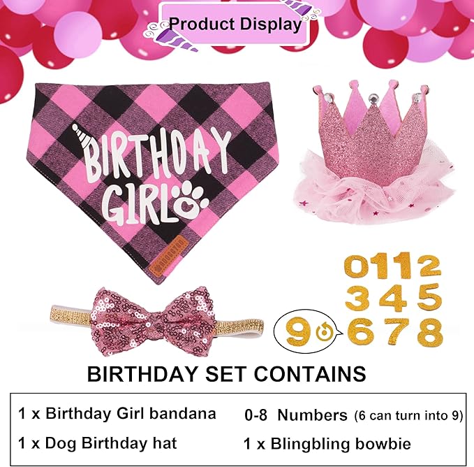 ADOGGYGO Dog Birthday Party Supplies, Multi Size Offered, Birthday Girl Dog Bandana, Pink Party Hat Crown with Numbers for Extra Large Dogs Pets (X-Large)