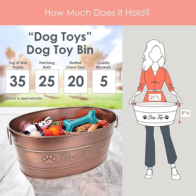 BREKX Indestructible Metal Dog Toy Bin - Galvanized Metal Bin with Handles for Accessory Storage - Pet Toy Basket, Blanket Basket - Storage Dog Toy Box, Farmhouse Decor (Copper - 25 Quart)