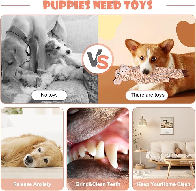 Cattle No Stuffing Dog Toys for Large Dogs, Squeaky Crinkle Interactive Dog Animals, Plush Teething Toys to Keep Them Busy, Cute Funny Dogs Gifts for Small Medium Large Breed