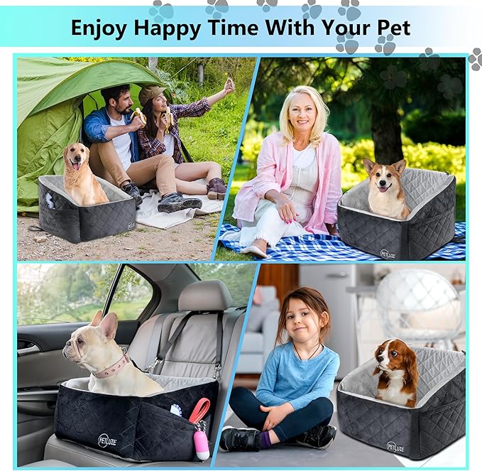 Dog Car Seat – Soft and Comfy Dog Booster Car Seat for Small, Medium Dogs Weighing Up to 30 lbs – Washable and Detachable Puppy Booster Seat with Strap and Pocket – Pet Travel Essential