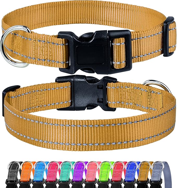 FunTags Reflective Dog Collar, Sturdy Nylon Collars for Medium Girl and Boy Dogs, Adjustable Dog Collar with Quick Release Buckle, Khaki
