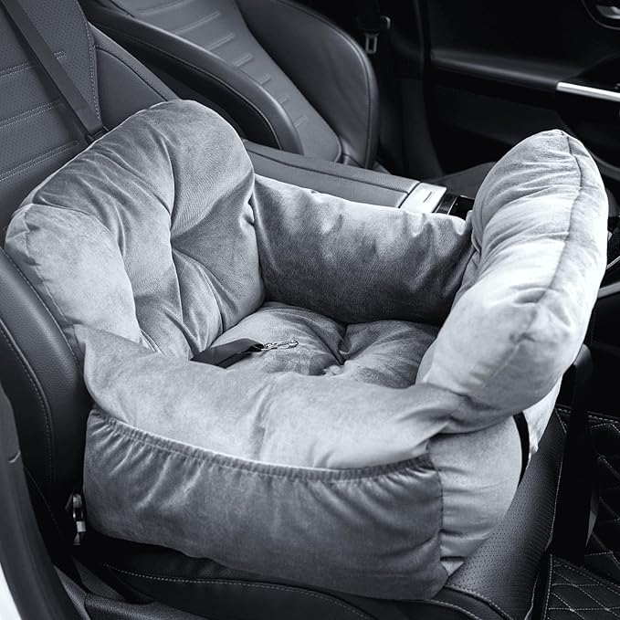 Pet Car Booster Seat for Small Dogs up to 25 lbs with Safety Straps, Storage Pockets, Travel Carrier Bed with Detachable Cover, Machine Washable (Gray)