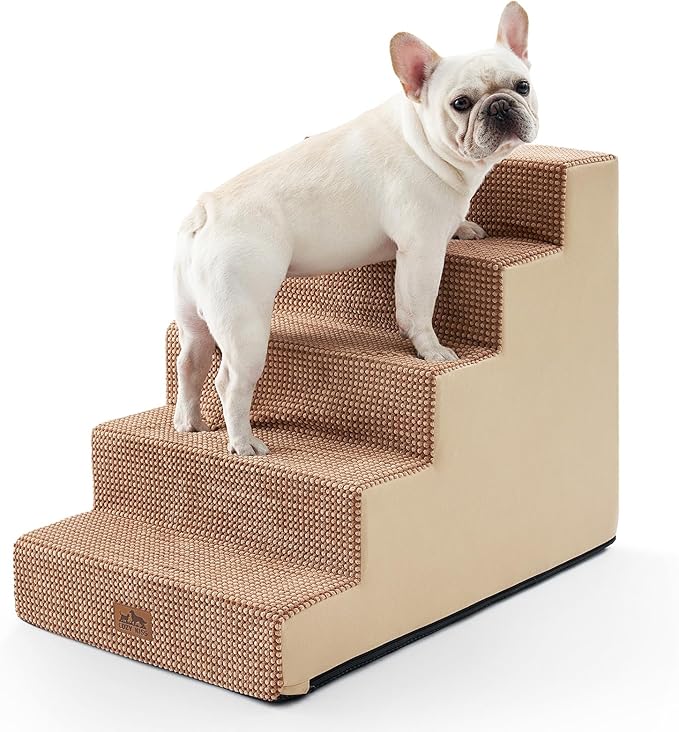 Dog Stairs for Small Dogs 5-Step, 19.7" Extra Wide Right-Angle Pet Stairs for Couch and Beds, Anti-Slip Dog Steps for Old Cats and Lowrider, 19.7x29.5x23.6 inch, Light Brown