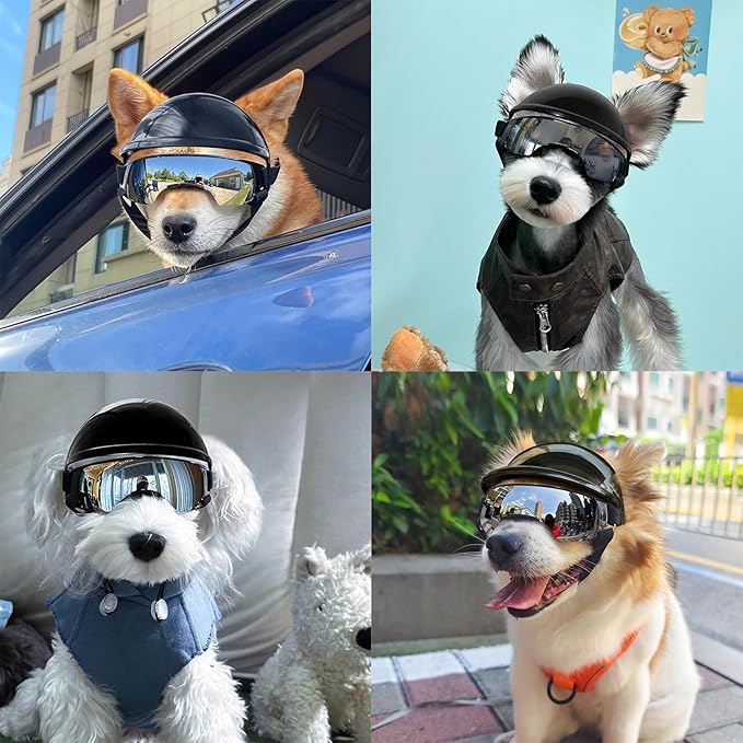 PETLESO Dog Goggles for Small Dogs with Helmet, 2PCS Doggy Sunglasses and Pet Motorcycle Helmet Set for Small to Medium Pet Outdoor Riding Walking, Silver Goggles Black Helmet