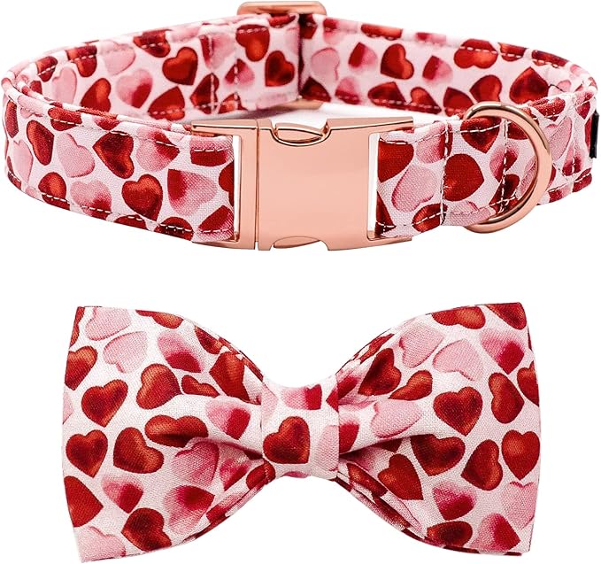 Maca Bates Valentine's Day Dog Collar with Fancy Bow for Small Girl Boy Dogs,Red Love Hearts Pattern,Adjustable Durable Soft Valentine Gift for Female Male Puppy