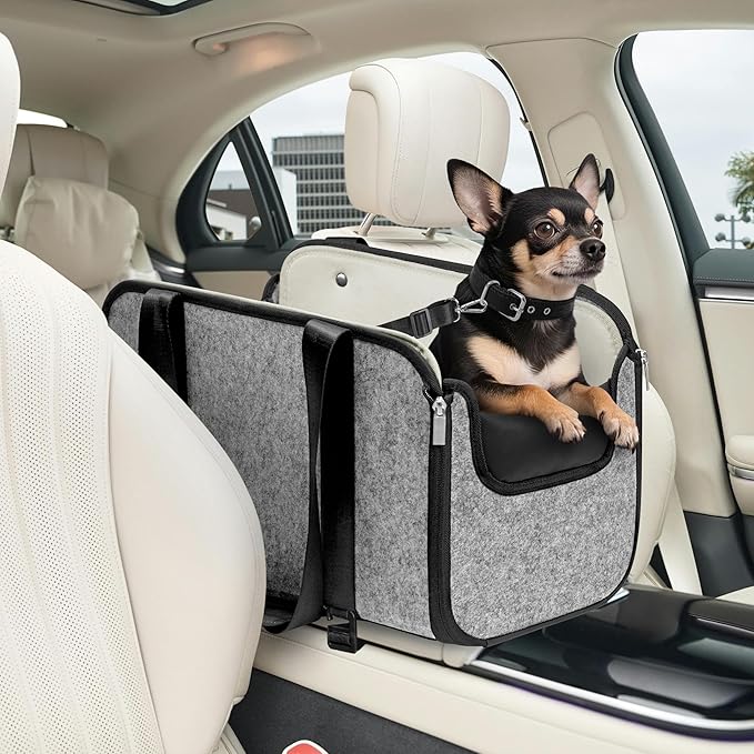 YUDODO Large Console Dog Car Seat (Width＞9in) Fits 0-18lbs, Anti-Slip Puppy Cat Travel Portable Booster Seat, Portable Pet Car Bed Carseat Dual Front & Rear Pillow Gray