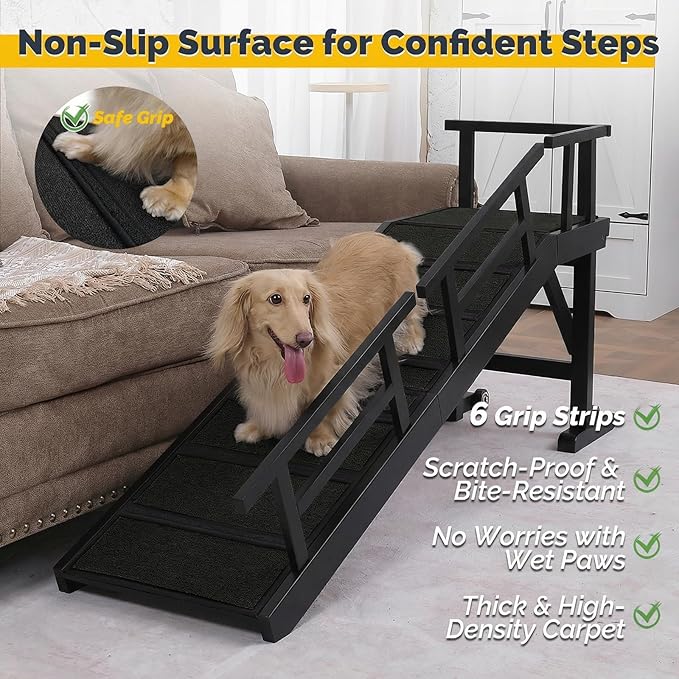 Dog Ramp for Bed or Couch, Wooden Pet Ramp with 20° Gentle Slope, Removable Side Rails, Non-Slip Surface, Top Platform & Wheels, Safe Bed Ramp for Small, Medium & Senior Dogs, 60" Long, Black