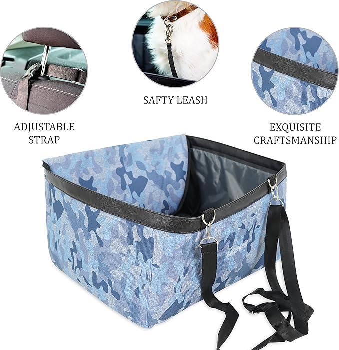 SUSSEXHOME Pets Water and Stain Proof Dog Car Seats for Small Dogs - 15.75 x 12.6 x 9.85 Inches Dog Booster Seat with Removable, Adjustable Fastening Straps - Blue-Patterned