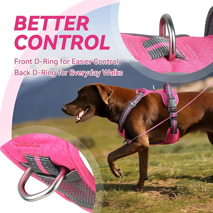 VIVAGLORY Dog Harness Easewalk No Pull Dog Harness with Handle Front Clip & Back Clip for Training Walking Lifting, No Pull Adjustable Easy On Padded Comfortable for Pet, XL, Pink - Patterned