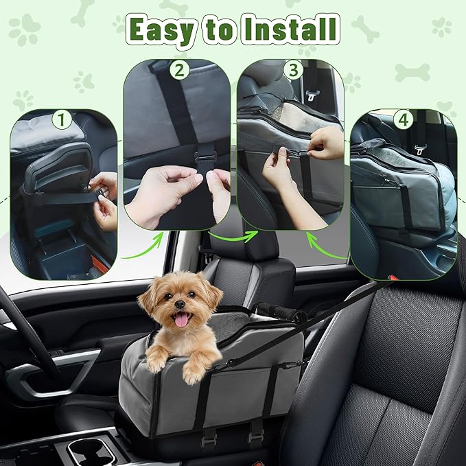 Center Console Dog Car Seat for Small Dogs, Portable Car Booster Seat, Upgrade Puppy Seat with Adjustable Seat Belts, Puppy Carrier Travel Backpack Supports Pets Up to 15 lbs