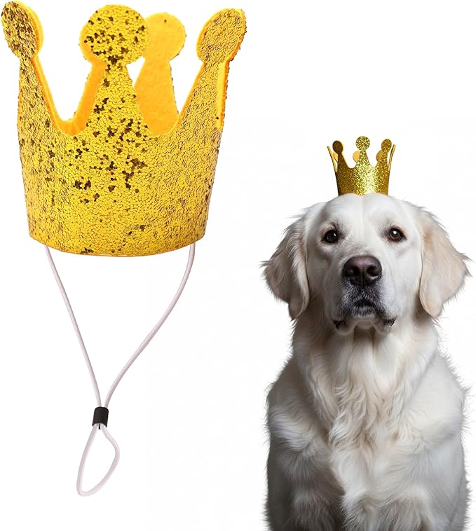 Glitter Dog Birthday Crown, Cat Birthday Hat for Small Dogs, 3.5 Inch Glitter Mini Tiara with Adjustable Strap, Lightweight Felt Headwear for Puppy Milestone Party or Gotcha Day Gold