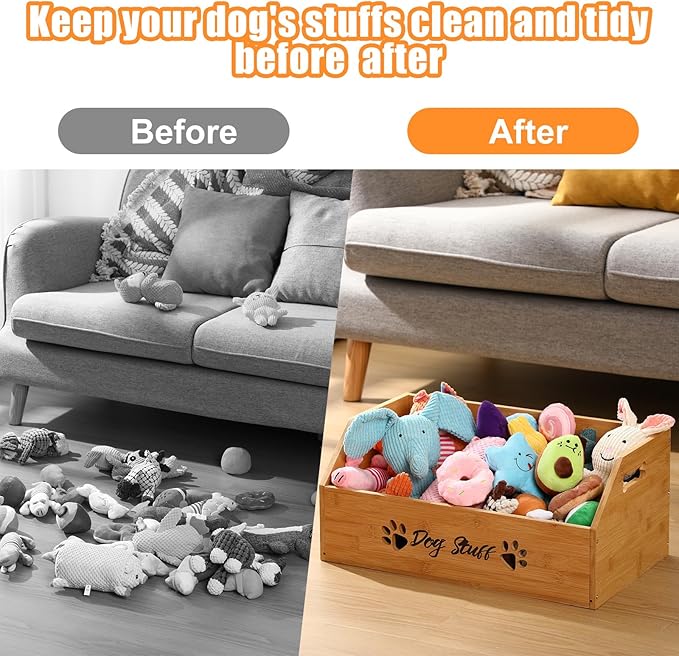 Leinuosen Large Dog Toy Bin Basket, 20 Inch Large Stuff Toy Storage Basket Bin with Bone Handle Cutout Pattern Bamboo Container for Organizing and Storage Dog Leash Chew Toys(Natural, Undivided)