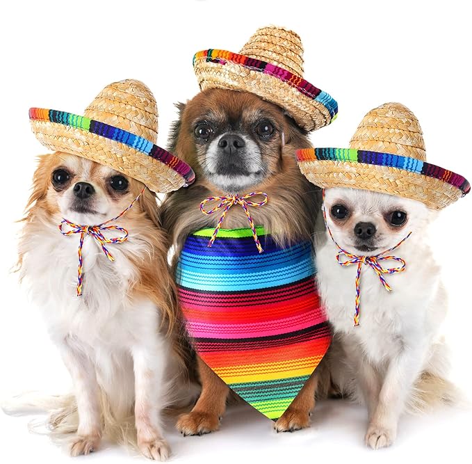 Saintrygo Dog Sombrero Hat Pet Christmas Costume Straw Mexican Hat and Dog Bandana Pet Triangle Bib for Mexican Cowboy Christmas Decorations