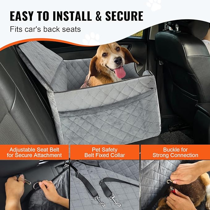 Happybuy Dog Car Seat, Dog Booster Seat for Car with A Storage Pocket, Pet Car Seat with Clip-On Safety Leash, Sponge Filling, Dog Car Bed for Medium & Large Dog up to 55 lbs, Gray