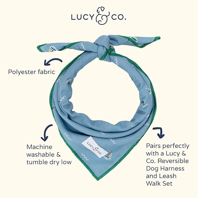 Lucy & Co. Set Sail Bandana - Designer Puppy Accessory. 100% Polyester. Soft, Stylish and Appropriate for Any Occasion. Machine Washable, Small, Blue with Green & Yellow Sailboats