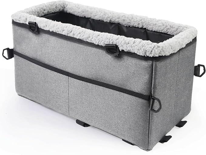 Center Console Dog Car Seat for Small Dogs Pets Under 20lbs with Additional Safety Belt Puppy Rope, Foldable&Washable Car Seats for Dogs with Pocket, Pet Cars Cushion, (Grey 17 * 8 * 9inch)
