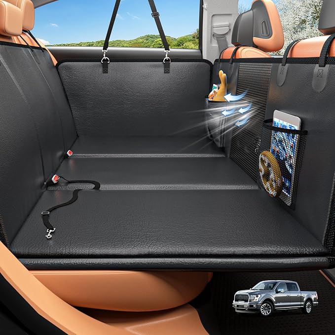 Back Seat Extender for Dogs, Hard Bottom Dog Car Seat Cover for Truck Back Seat, Upgraded PU Leather Dog Hammock for Car, Waterproof, Anti Scratch, Larger Space, Holds 400lbs
