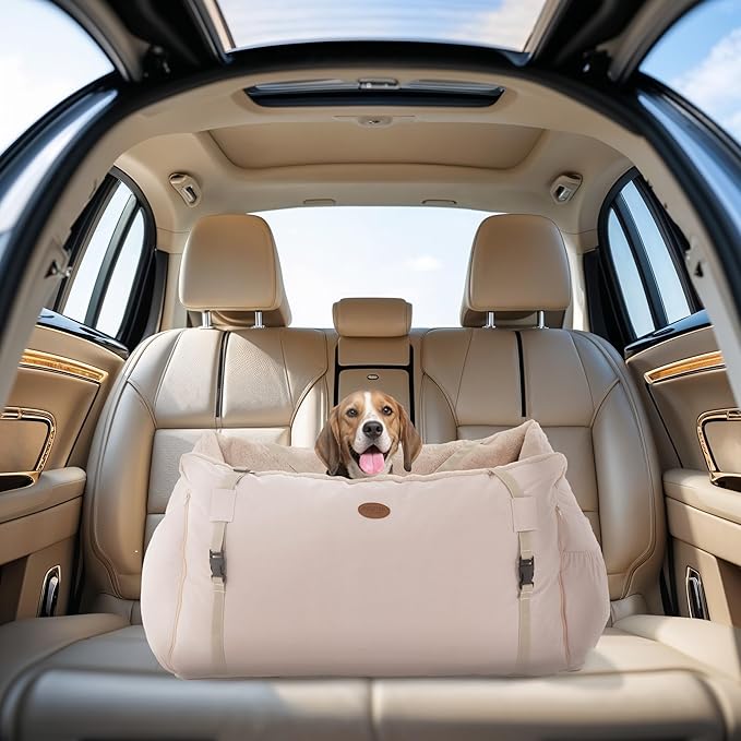 Dog Car Seat for Small Medium Large Dogs, Eco-Friendly Microfiber Velboa, Dog Booster for Under 45Lbs, Detachable and Washable Travel Seat with Thick Cushion (Pink Beige, XL)