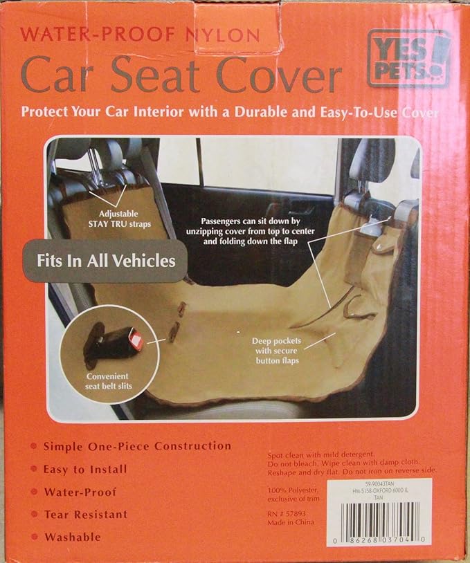 Yes Pets Oxford Hammock Style Water-Proof Pet Car Seat Cover for Cars, Trucks and SUVs, Tan