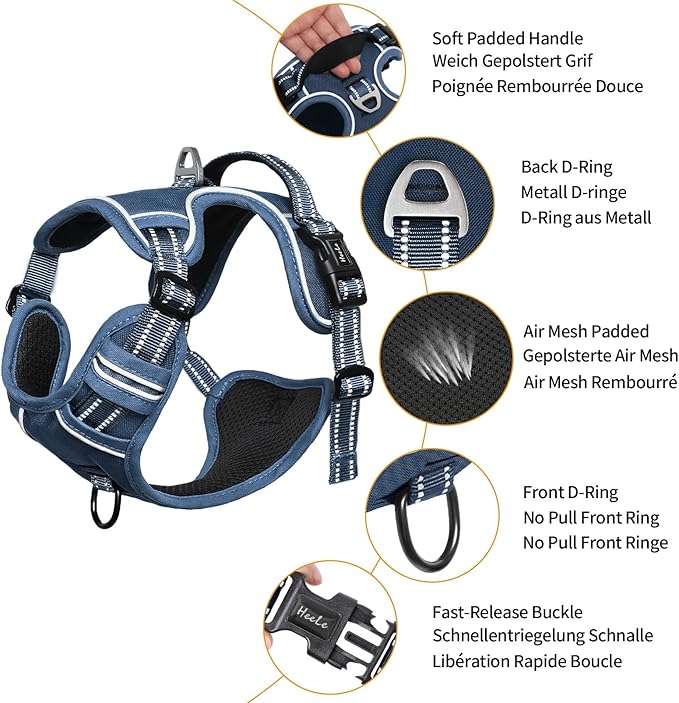 HEELE Dog Harness for Large Dogs No Pull Dog Vest Harness for Large Dog with Soft Padded Handle Reflective for Outdoor Training, Royal Blue, XL