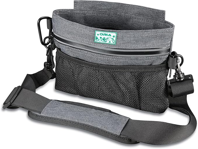 ORIA Dog Treat Training Pouch, Pet Out Training Belt Bag, Dog Food Bag with Removable Inner Pocket, Built-in Poop Bag Dispenser, Dog Training Bag, Gray