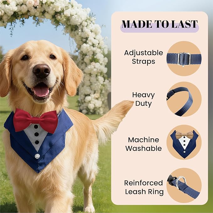 AVERYDAY Dog Tuxedo Wedding Outfit Bandana Collar with Bow Tie, Dog Tux Costume Suit with Bowtie for Small Medium Large Dogs & Cats, Pet Tuxedo Formal Wear for Engagement Birthday, Holiday, Christmas