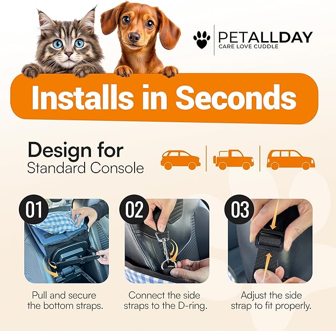Center Console Dog Car Seat for Small Dogs Cats (Under 11 lbs) - Dog Booster Seat with Built-in Leash