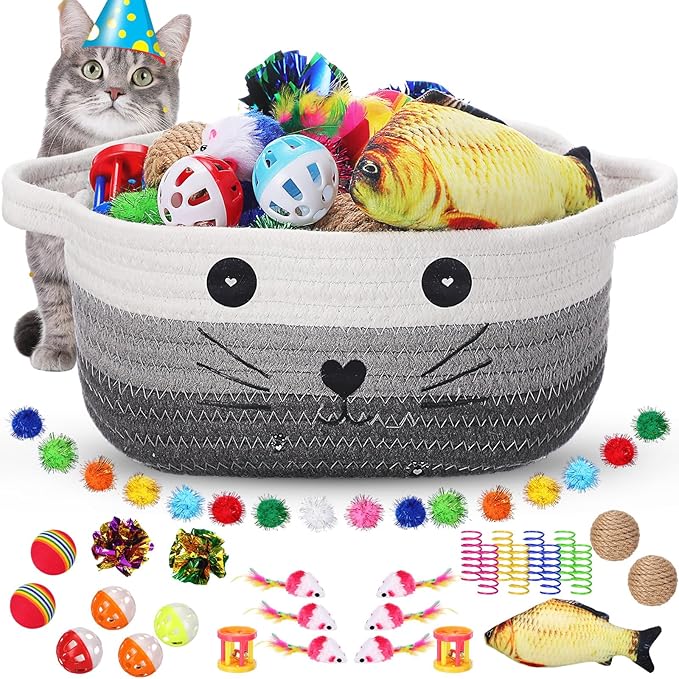 Zopeal 58 Pcs Cat Storage Basket Gift Toys Set, Colorful Flashing Balls Pet Bell Crinkle Balls Spring Toys Attract Cat to Swat, Hunt, Interactive for Pet(Multicolor,9.8 Inch)