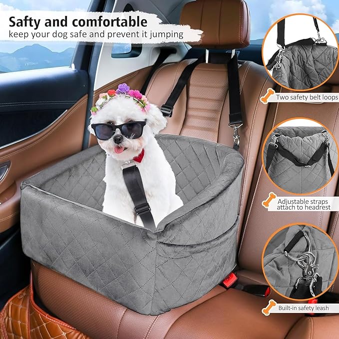 Car Dog Seat for Small Dogs, Extra Stable with Safety Belt, Pet Seat for Back and Front Seat, Gray