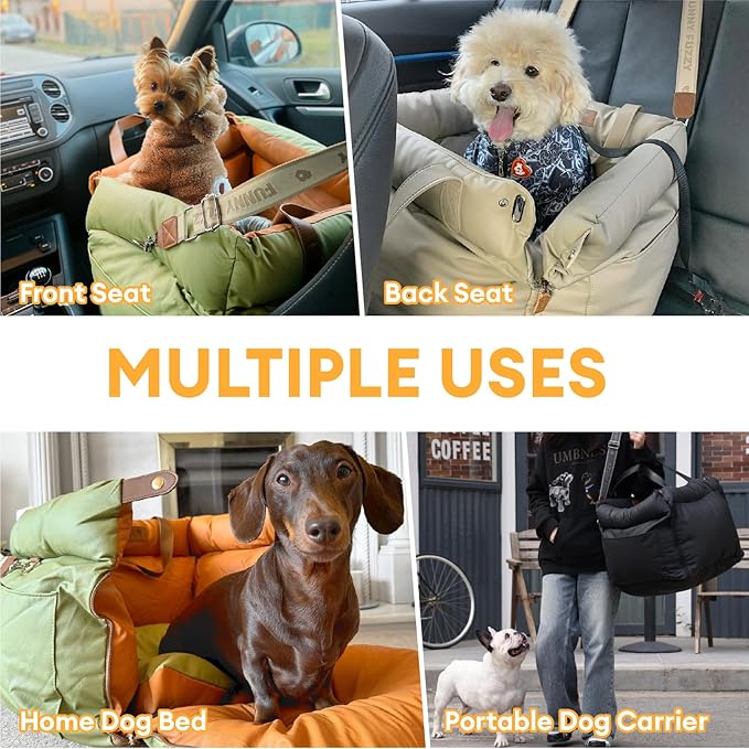 FUNNYFUZZY Leather Dog Car Seat for Small ＆ Medium Sized Dogs Up to 35lbs, Waterproof and Washable Dog Booster Seat Car Bed for Travel and Home,Portable and Safety(Blue)