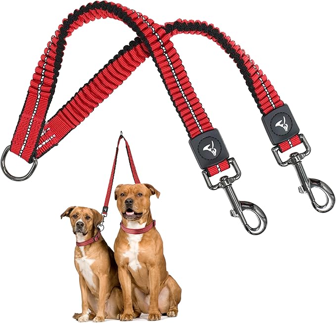 Kruz Double Dog Leash for Two Dogs (Width - 1”, Length 20”-42”) Dual Leash Coupler with Tangle-Free Swivel, Shock-Absorbing Reflective Bungee for Comfortable Walking & Training (Red, Large)