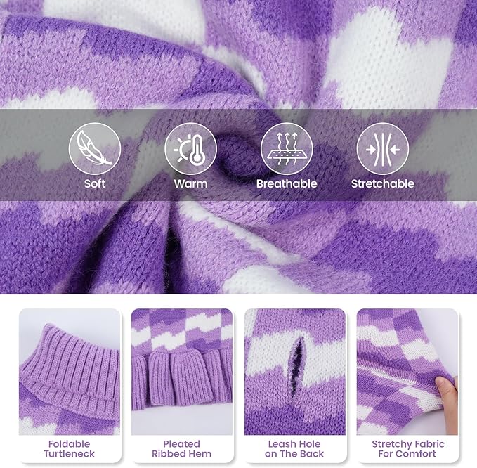 Dog Sweaters for Large Dogs Girl, Dog Sweater Dress with Leash Hole, Thick Turtleneck Knitwear for Female Dogs, Warm Fall Winter Dress for Cold Weather, Thanksgiving, Christmas - Purple XXL